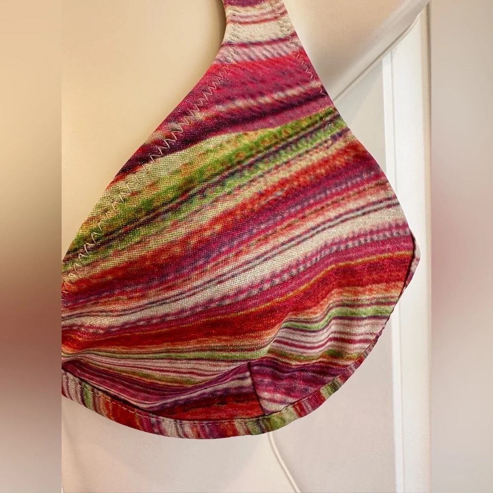 Frankie's Bikinis Multicolor Pink Red Stripe Halter Bikini Top